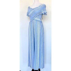 Sweet Japna Surplice Smocked Wide Leg  Jumpsuit Size Small Blue White NWT